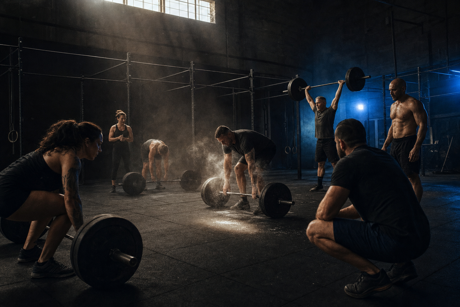 Members of CrossFit PTC lifting barbells in the Tiger Way warehouse at an early morning class