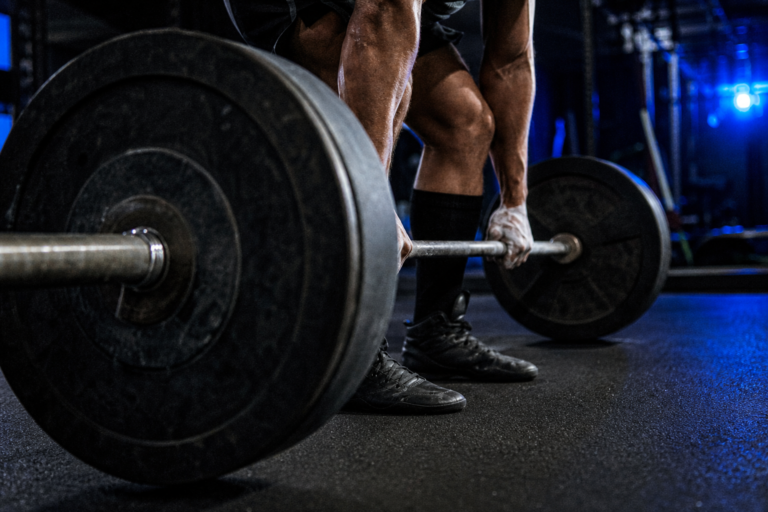 Chalked hands gripping a loaded barbell before a deadlift at CrossFit PTC